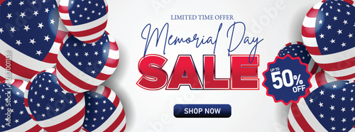 Memorial Day sale banner with American flag design, stars, and 50% off offer for online promotions, events, and marketing campaigns