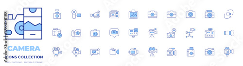 Camera icons collection. Line Duotone style, editable stroke. video camera, camera, instant camera, camera lens, photography, degree, video chat, landscape