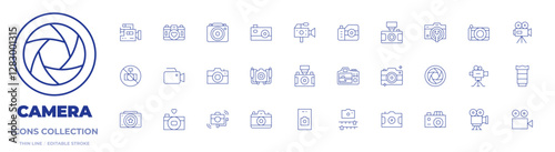 Camera icons collection. Thin Line icons, editable stroke. camera T, photo camera, cinema camera, video camera, camera lens, stabilizer, camera, lens