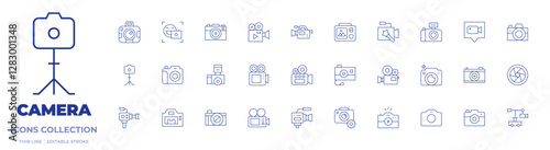 Camera icons collection. Thin Line icons, editable stroke. camera T, video camera, camera crane, camera, photo camera, videocamera, video call, settings