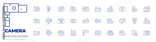 Camera icons collection. Thin Line icons, editable stroke. camera T, photo camera, video camera, camera lens, digital camera, camera tripod, camera