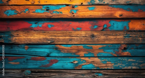 Wallpaper Mural Colorful weathered wooden planks with peeling paint in orange, red, blue, and brown tones creating a rustic background texture Torontodigital.ca