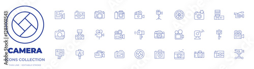 Camera icons collection. Thin Line icons, editable stroke. camera, video camera, photo camera, cctv, video, wedding, gopro, lens, camera crane