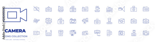 Camera icons collection. Thin Line icons, editable stroke. no camera, video camera, camera, camera T, photo camera, movie camera, camera lens