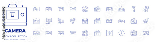 Camera icons collection. Thin Line icons, editable stroke. photo camera, camera T, pocket camera, camera, switch camera, video camera