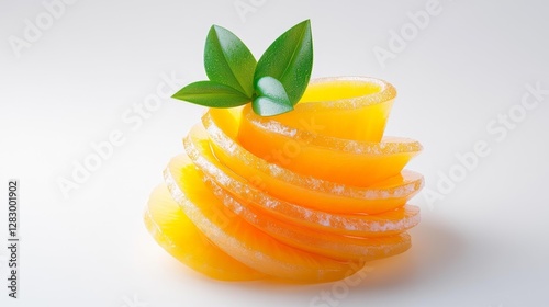 Artistic arrangement of sliced orange gelatin with a green leaf on top isolated on white background. Generative AI