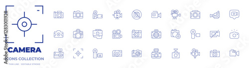 Camera icons collection. Thin Line icons, editable stroke. video camera, camera T, camera, no camera, camera flash, photo camera, photography, video chat