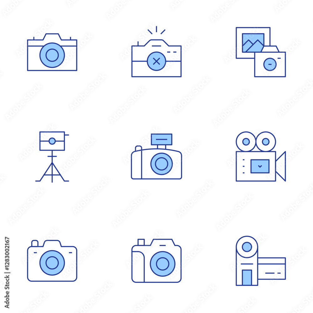 Camera icons set. Line Duotone style, editable stroke. camera, camera tripod, photo camera, videocamera, camcorder, photography Camera icons set. Line Duotone style, editable stroke. camera, camera tripod, photo camera, videocamera, camcorder, photography
