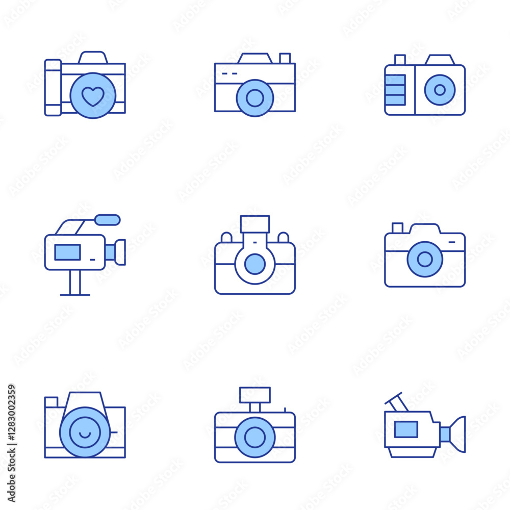 Camera icons set. Line Duotone style, editable stroke. camera, video camera, photo camera Camera icons set. Line Duotone style, editable stroke. camera, video camera, photo camera