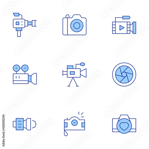 Camera icons set. Line Duotone style, editable stroke. camera, video camera, camera shutter