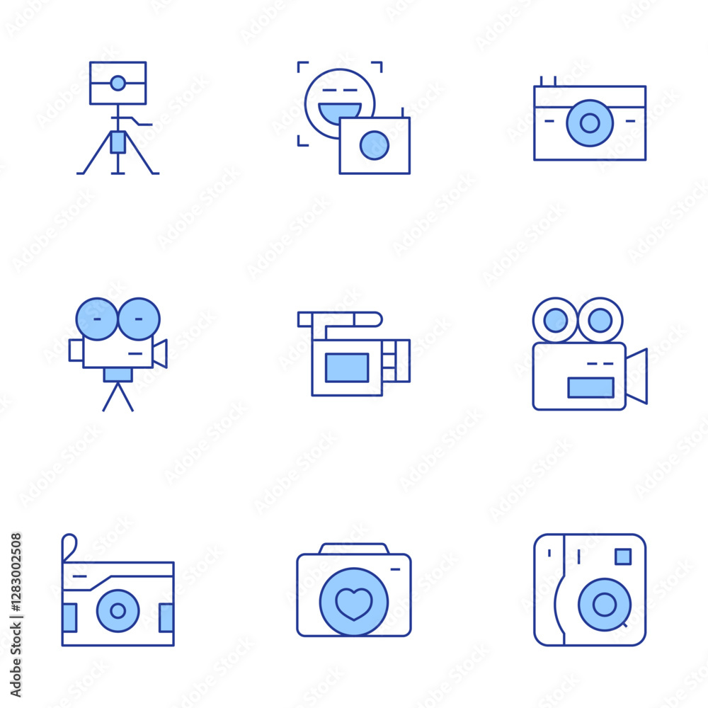 Camera icons set. Line Duotone style, editable stroke. instant camera, camera, front camera, video camera Camera icons set. Line Duotone style, editable stroke. instant camera, camera, front camera, video camera