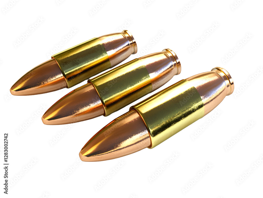 Three Copper Bullets with Brass Casings, Isolated on Transparent Background Three Copper Bullets with Brass Casings, Isolated on Transparent Background