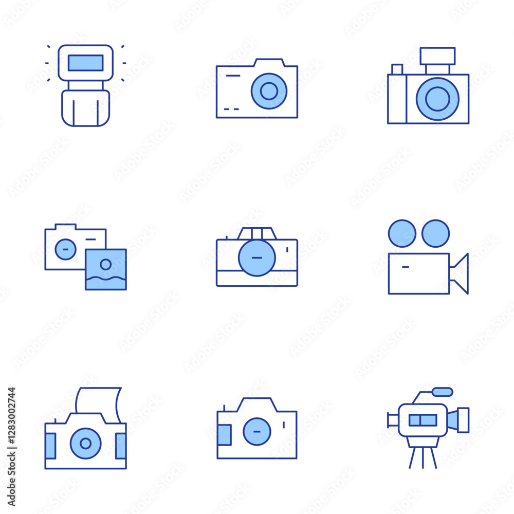 Camera icons set. Line Duotone style, editable stroke. photo camera, camera, video camera, camera flash
