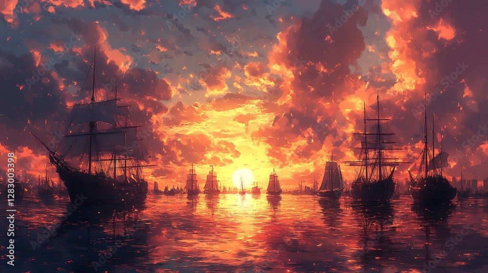 Obraz premium Boston Harbor at sunset in anime style, historic ships sailing under a radiant sky, dramatic golden and pink hues reflecting on water, intricate anime-like detail and atmospheric charm. --ar 16:9