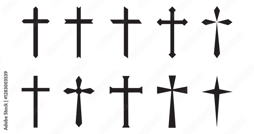 Christian cross catholic icon collection. Different style religious symbol set