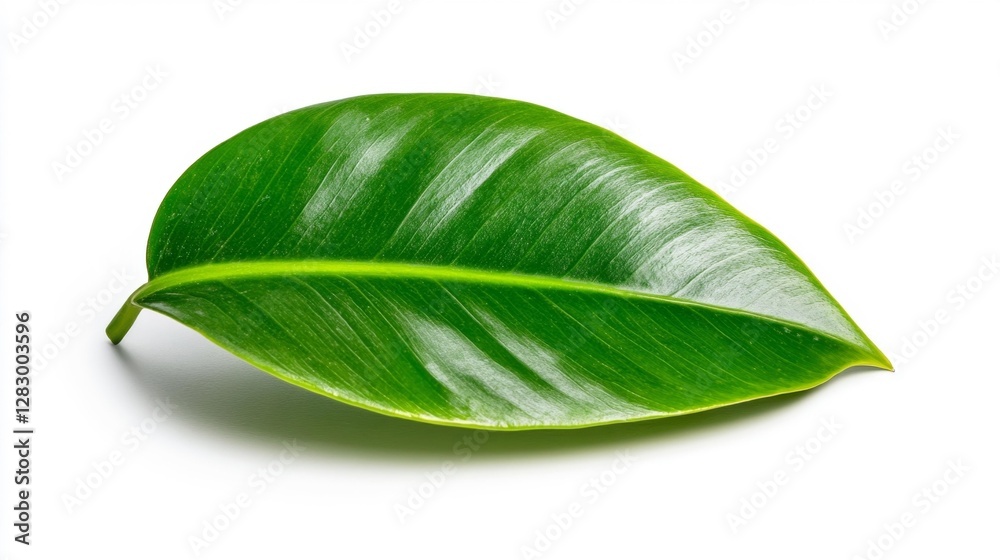 Fototapeta premium Close-up of a fresh green leaf isolated on a white background. Generative AI