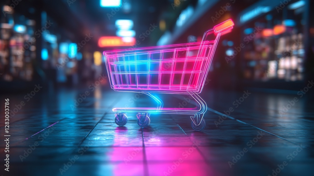 Neon shopping cart illuminated in a vibrant urban setting at night Neon shopping cart illuminated in a vibrant urban setting at night