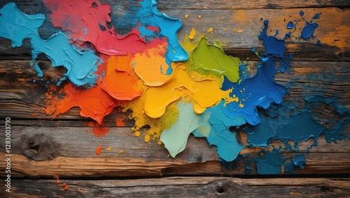 Colorful paint splashes on wooden background creative artistic composition