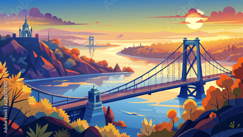  Budapest, Hungary - Aerial view of the beautiful Megyeri suspension bridge over River Danube covered in heavy fog on an autumn afternoon with beautiful gold and blue sky at sunset