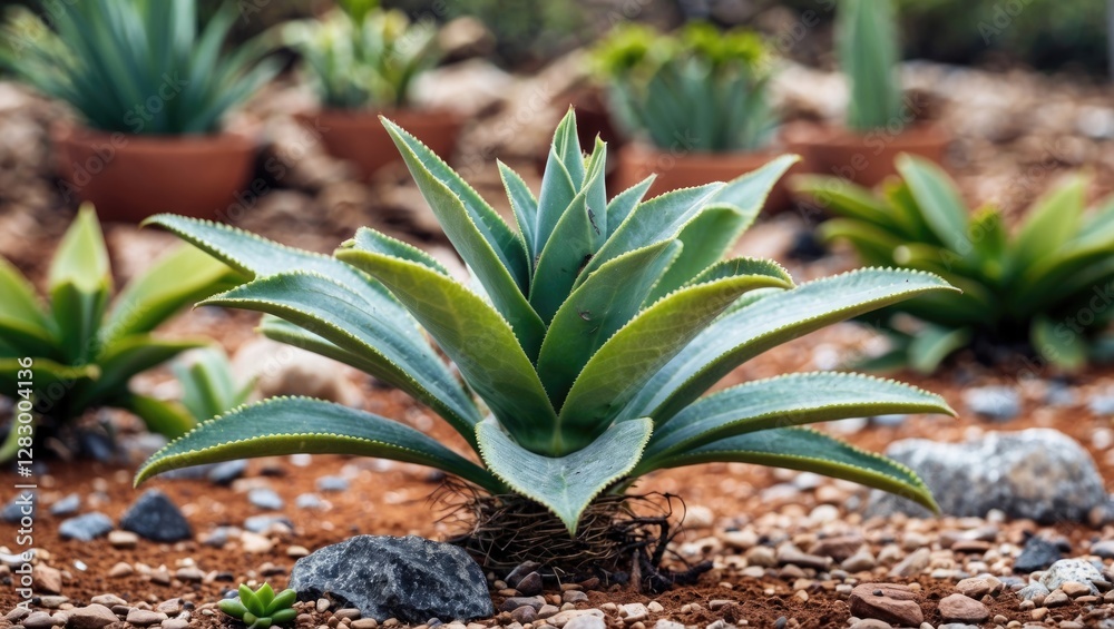 Agave plant with vibrant green leaves in a rocky, arid environment surrounded by succulents in pots Agave plant with vibrant green leaves in a rocky, arid environment surrounded by succulents in pots