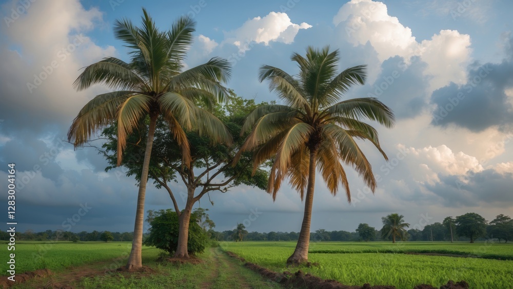 Palm trees along a pathway in a green rice field under a cloudy sky during golden hour light Palm trees along a pathway in a green rice field under a cloudy sky during golden hour light