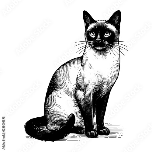 Line art drawing of Siamese cat's ink sketch kitten vector hand drawn illustration background