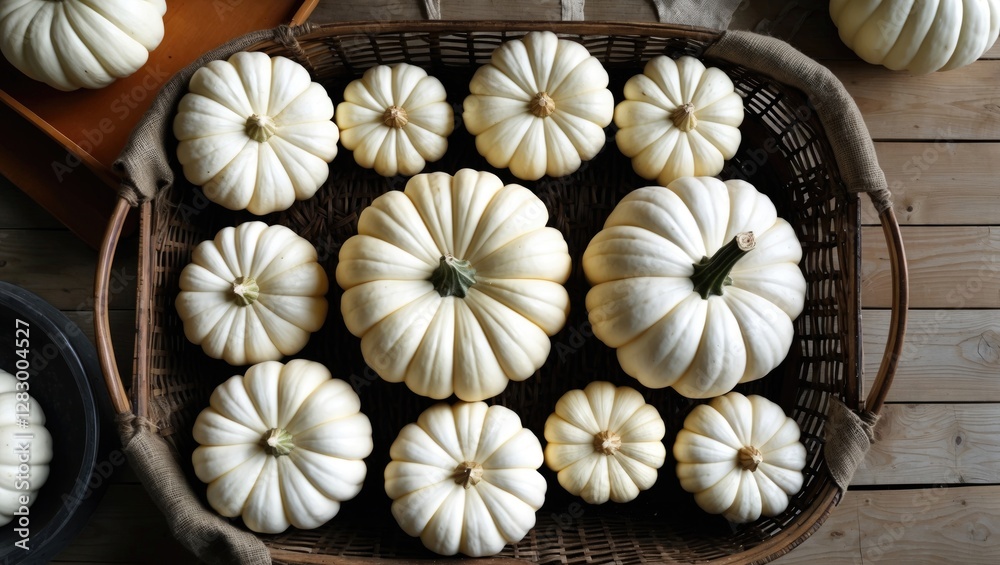 White pumpkins arranged in a wicker basket on a wooden surface displayed in various sizes and shapes for autumn decoration White pumpkins arranged in a wicker basket on a wooden surface displayed in various sizes and shapes for autumn decoration