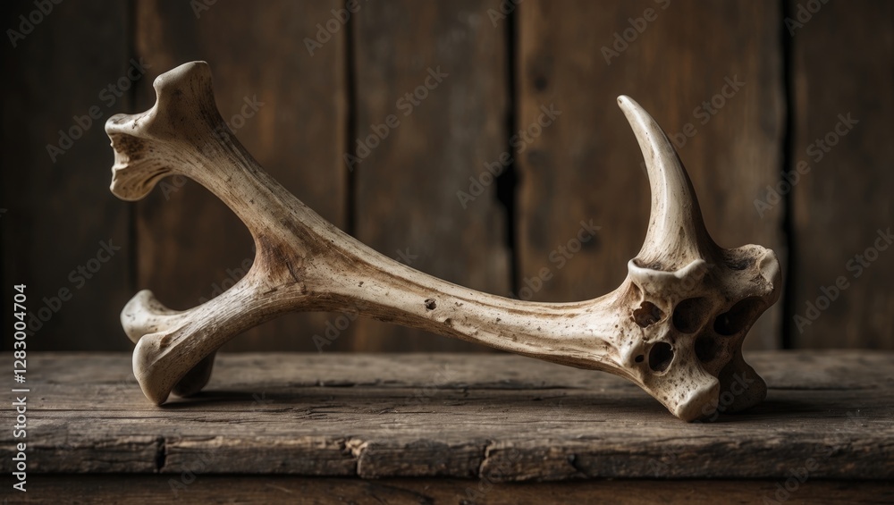 Fototapeta premium Old animal bone placed artistically on a rustic wooden surface with a blurred natural background enhancing its aged texture and details.
