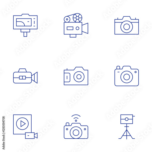 Camera icons set. Thin Line style, editable stroke. movie camera, camera T, camera tripod, camera, video recording, videocamera, video