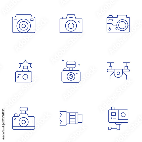 Camera icons set. Thin Line style, editable stroke. photo camera, camera T, camera lens, camera, drone, gopro