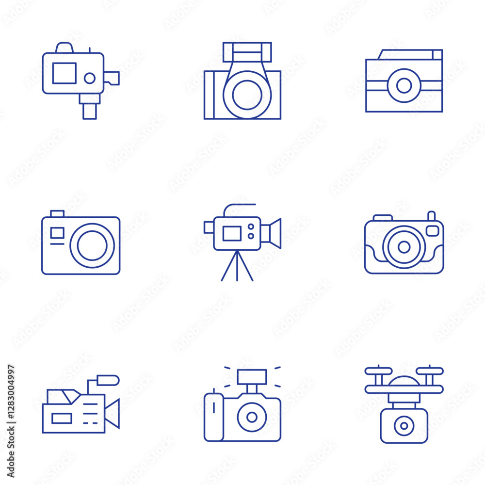 Camera icons set. Thin Line style, editable stroke. photo camera, camera T, video camera, camera drone Camera icons set. Thin Line style, editable stroke. photo camera, camera T, video camera, camera drone