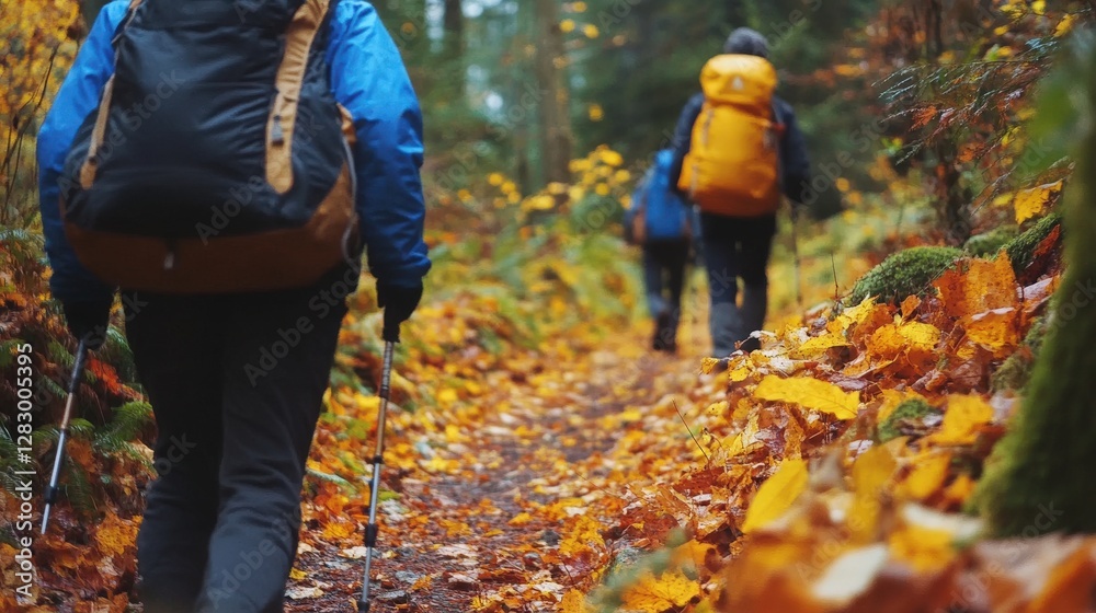 Hikers Trekking Autumn Forest Trail Hikers Trekking Autumn Forest Trail