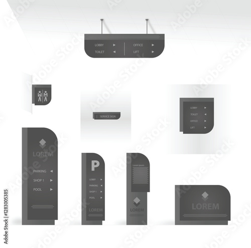 Wayfinding system signage mockup set, Direction signs, Exterior and interior way finding design, Shopping mall navigation mock up, Public place and commercial building information, Vector