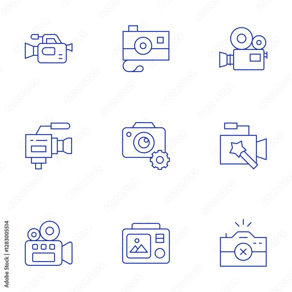 Camera icons set. Thin Line style, editable stroke. video camera, camera T, videocamera, camera, settings, photo camera Camera icons set. Thin Line style, editable stroke. video camera, camera T, videocamera, camera, settings, photo camera