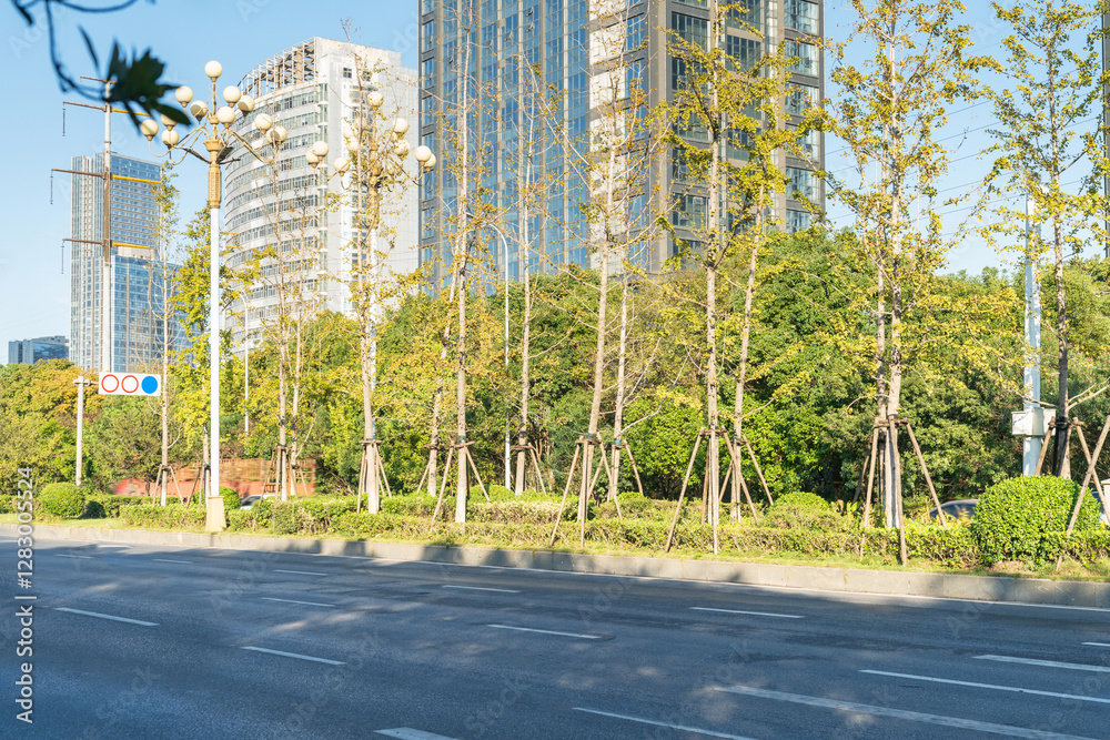 Naklejka premium Empty urban road and buildings in the city