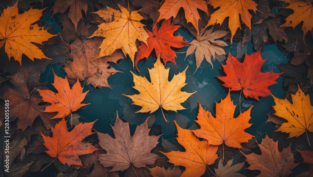 Colorful autumn leaves in various shades scattered over a dark surface creating a picturesque seasonal background. Colorful autumn leaves in various shades scattered over a dark surface creating a picturesque seasonal background.