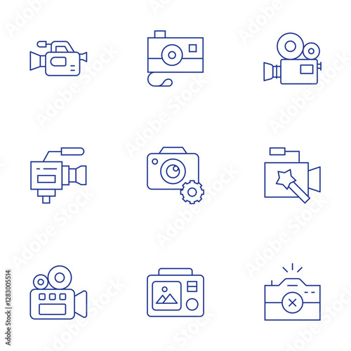 Camera icons set. Thin Line style, editable stroke. video camera, camera T, videocamera, camera, settings, photo camera