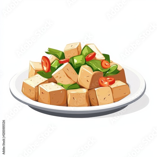 Chinese stinky tofu national cuisine dish isolated on white background, colorful cartoon illustration