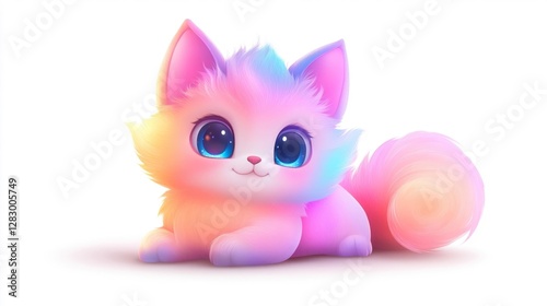 Cute Rainbow Cat with Adorable Big Eyes Lying on White Isolated Background. Generative AI