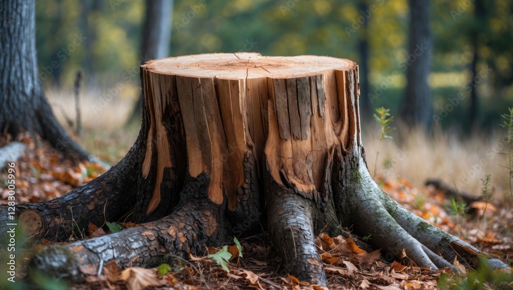 Stump of a cut tree in a forest environment surrounded by autumn foliage and soft natural lighting Stump of a cut tree in a forest environment surrounded by autumn foliage and soft natural lighting