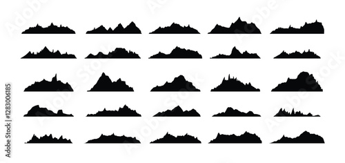 Mountain ridges peak silhouettes flat style isolated set. Rocky mountains peaks design various ranges outdoor nature landscape background design elements