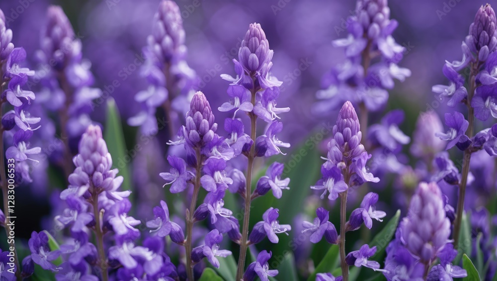 Naklejka premium Closeup of vibrant purple violet flowers in a lush green background showcasing nature's beauty and delicate floral details.