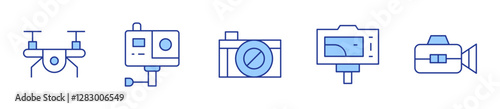 drone, gopro, video recording, videocamera, photo camera. Camera Icon vector illustration. Line Duotone style. Editable stroke