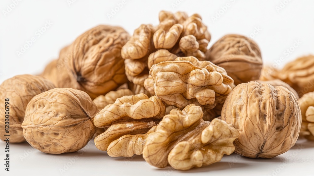 Close-up of shelled and unshelled walnuts arranged on a white surface showcasing their textured patterns and natural colors Close-up of shelled and unshelled walnuts arranged on a white surface showcasing their textured patterns and natural colors