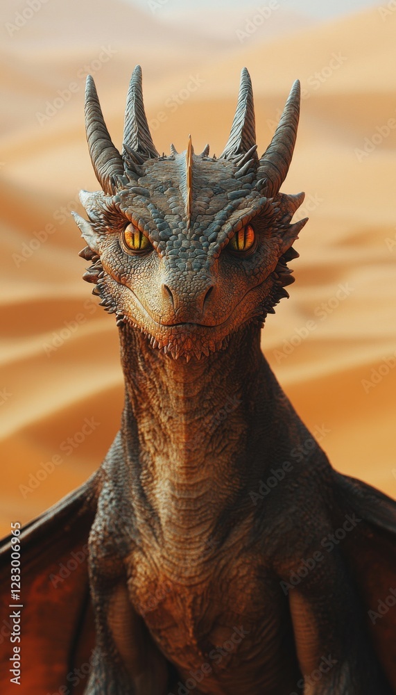 Obraz premium A young dragon stares intently, its golden eyes piercing against the warm hues of the desert landscape.