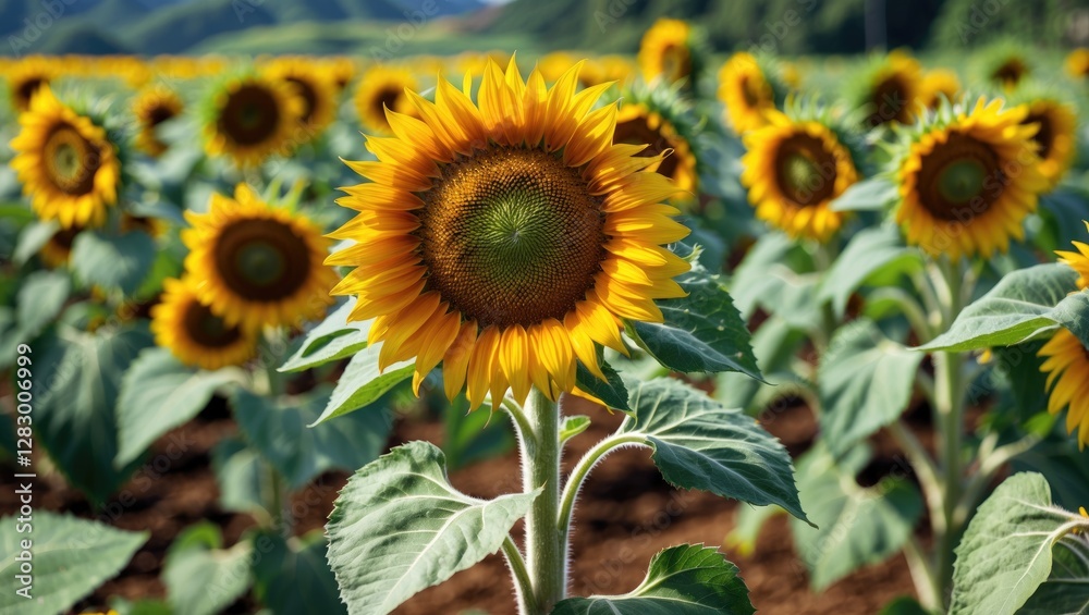 Obraz premium Vibrant sunflower standing tall in a lush Colombian farm landscape showcasing nature's beauty and rich agricultural heritage.
