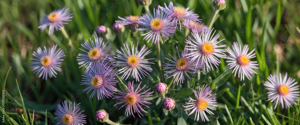 Aster flowers blooming in winter on vibrant green grass under sunny skies showcasing nature's beauty and resilience. Aster flowers blooming in winter on vibrant green grass under sunny skies showcasing nature's beauty and resilience.
