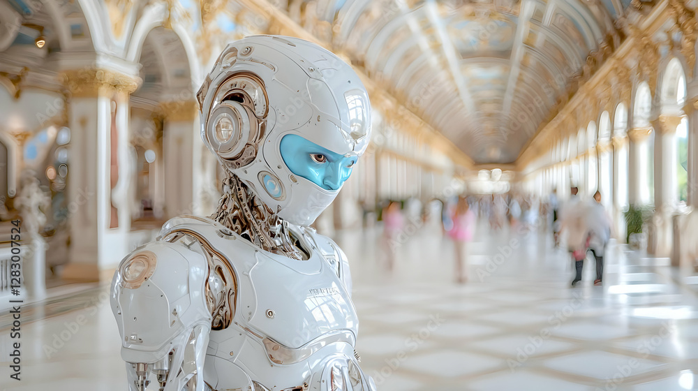 Fototapeta premium Robot in ornate palace hall, exploring; blurred background, future tech concept