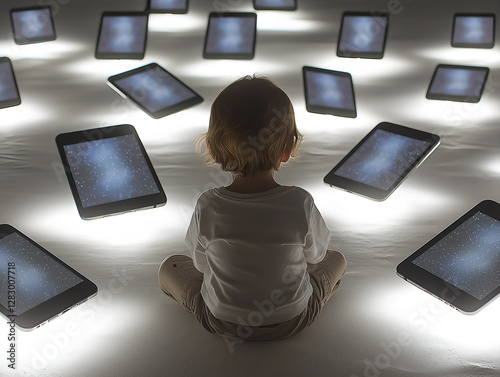 A young child sits in the center of an empty white space, overwhelmed as floating smartphone screens surround them, creating an almost suffocating effect.