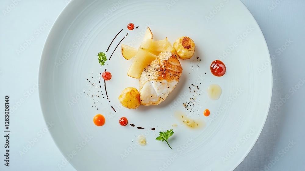 A minimalistic, ultra-modern plating of fish and chips where each element is spaced geometrically on a stark white plate A minimalistic, ultra-modern plating of fish and chips where each element is spaced geometrically on a stark white plate